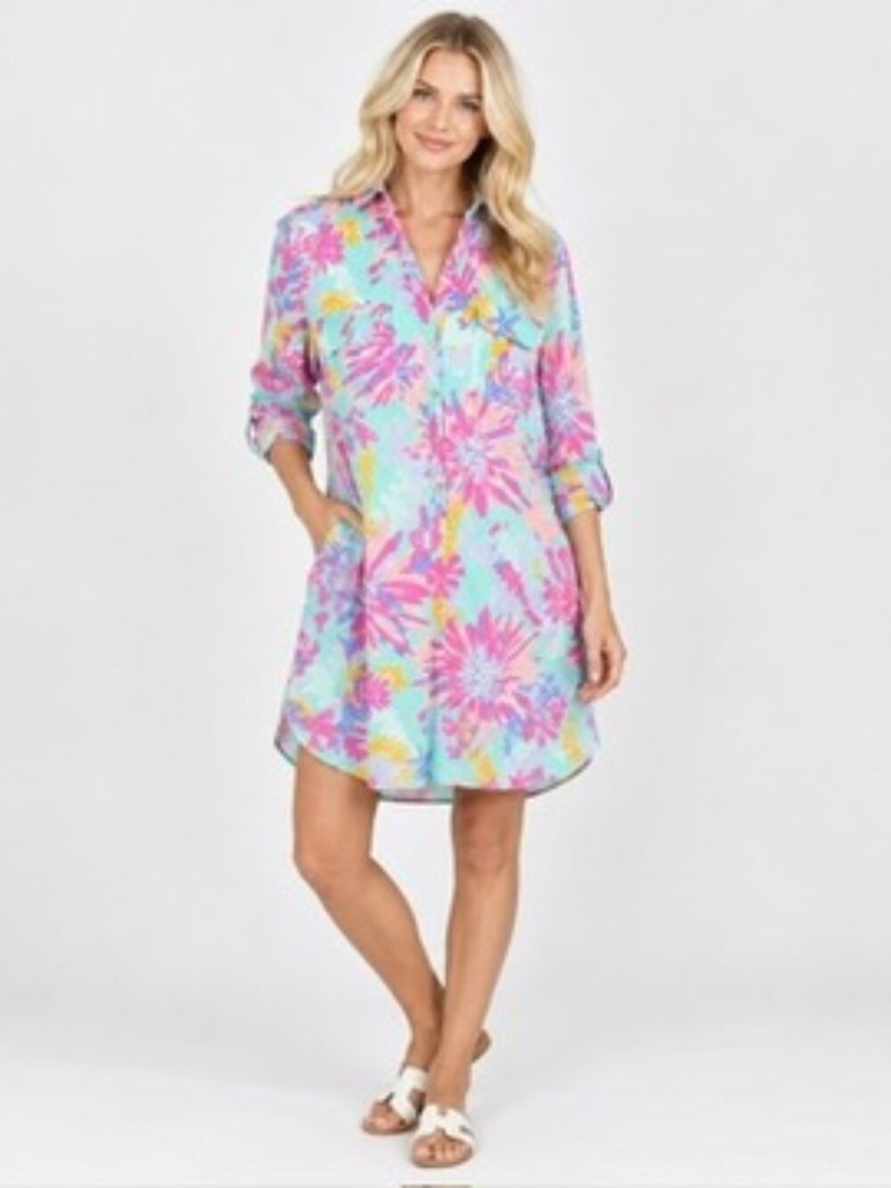 Lilly Pulitzer Captiva Tunic Dress Size M Trippin and Sippin Floral Half Button